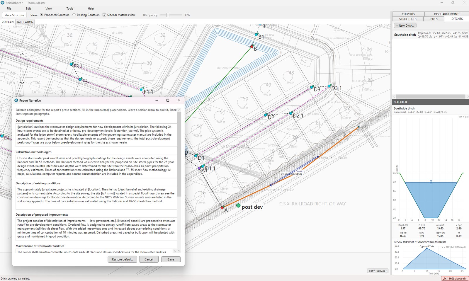 Storm Master ditch design panel showing a trapezoidal channel cross-section with an implied tributary hydrograph, alongside an editable Report Narrative dialog with bracketed placeholder text for design requirements and site conditions