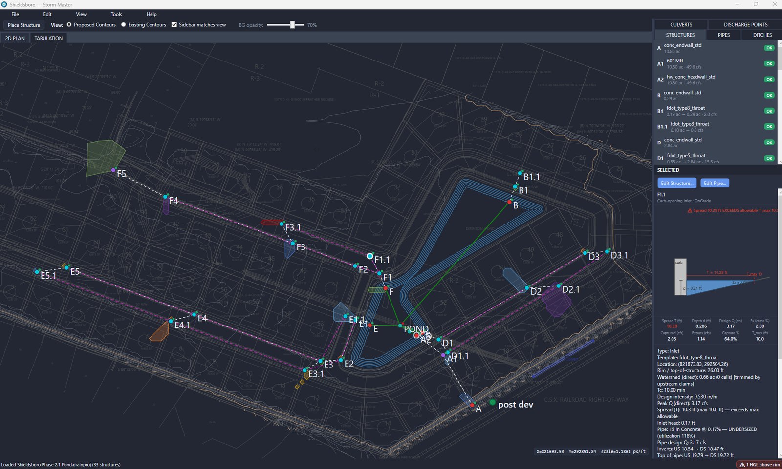 Storm Master 2D plan view showing a full pipe network with structure, pipe, and ditch tabs, and a selected inlet flagging an exceeded spread warning
