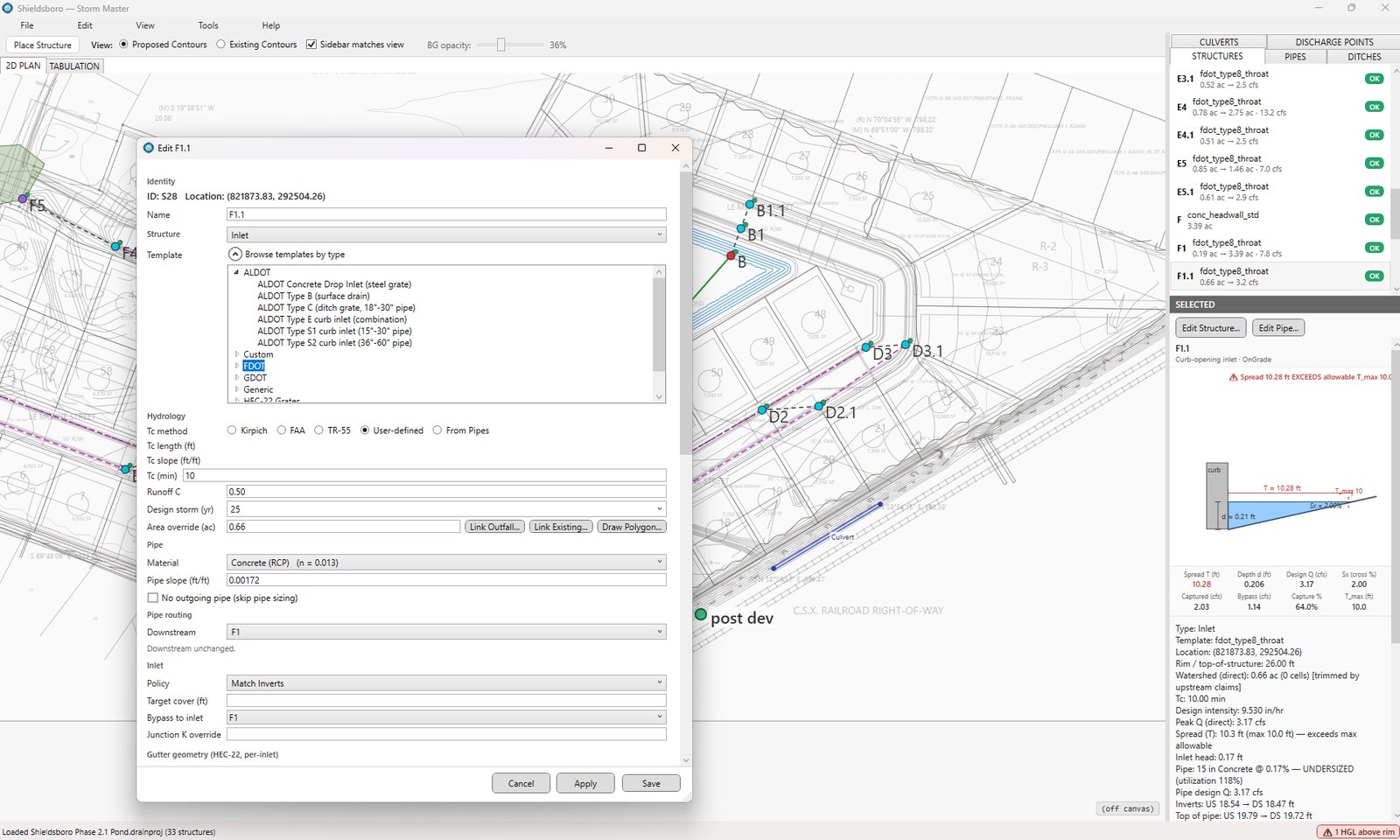Storm Master structure editor showing a multi-jurisdiction template browser with ALDOT, FDOT, GDOT, and generic structure libraries alongside hydrology and pipe sizing fields